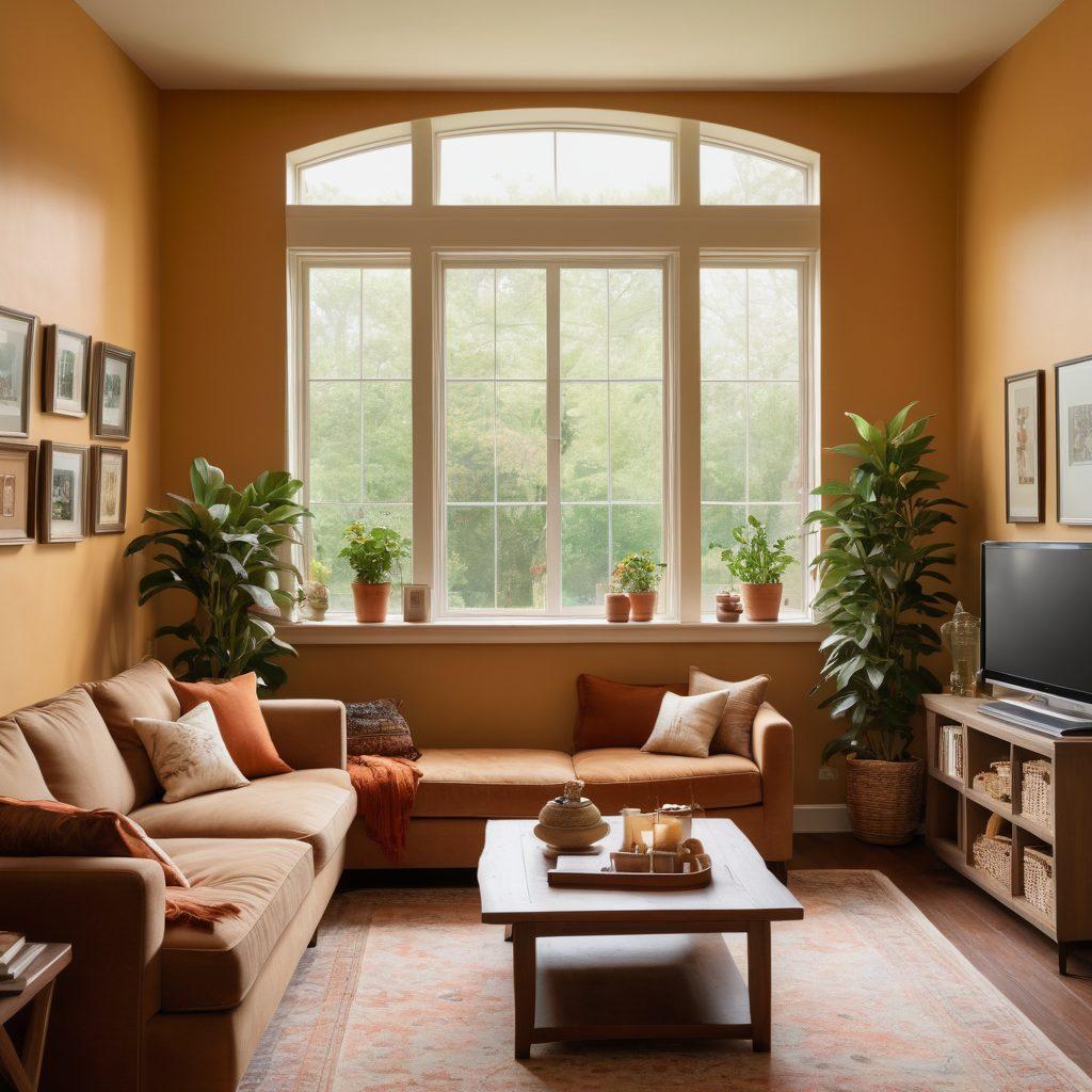 A warm and inviting scene depicting a friendly insurance agent providing personalized care to a diverse family in their cozy living room. The atmosphere is filled with comfort and reassurance, showcasing insurance documents alongside family photos and health-related items. Soft lighting enhances the feeling of safety and trust, while a window reveals a beautiful garden outside, symbolizing growth and protection. super-realistic. warm colors. cozy interior.