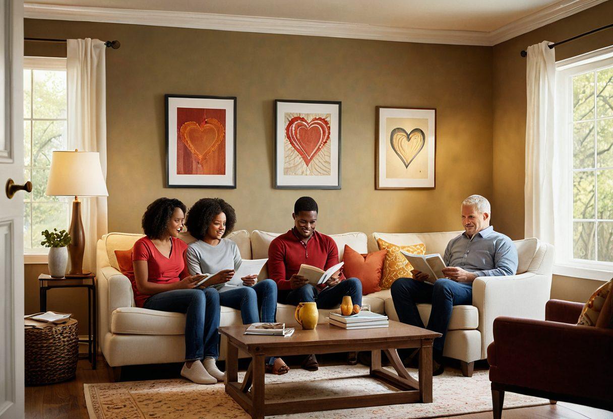 A warm family gathering in a cozy living room, surrounded by pictures symbolizing security and love, showcasing a parent reading an insurance policy with a reassuring smile. Light filtering through the window creates an inviting atmosphere, emphasizing peace of mind. Incorporate insurance elements like a shield and heart motif subtly in the decor. super-realistic. vibrant colors. warm tones.