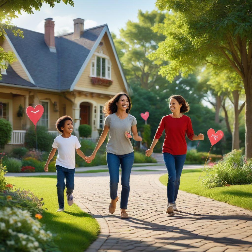 A warm family scene showcasing a diverse group happily engaging in activities like playing in a park, surrounded by protective symbols like shields and hearts representing safety and coverage. In the background, a peaceful neighborhood setting emphasizes community and security. The scene conveys a sense of care and togetherness, highlighting the importance of protection for loved ones. vibrant colors. super-realistic.